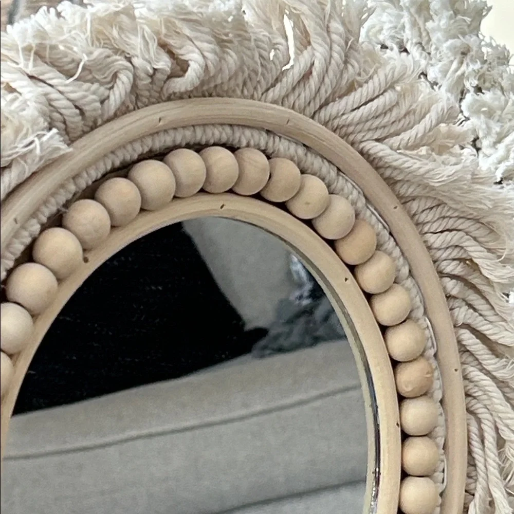 NEW! Vintage Inspired Cream Bohemian Macrame & Wood Beaded Fringe Wall Mirror